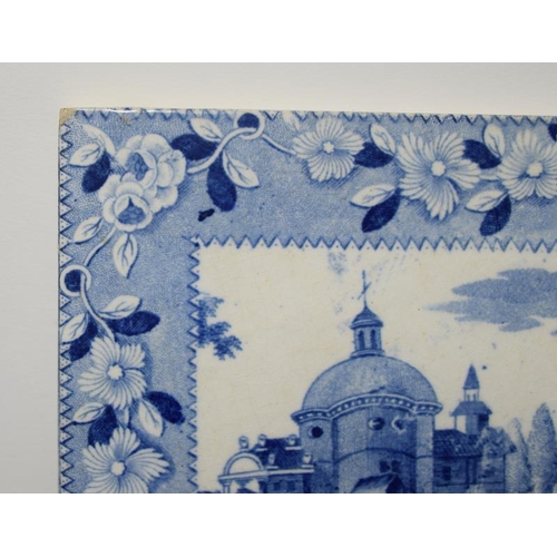 8 - Copeland & Garrett transfer printed blue & white tile with floral border & building 5.1