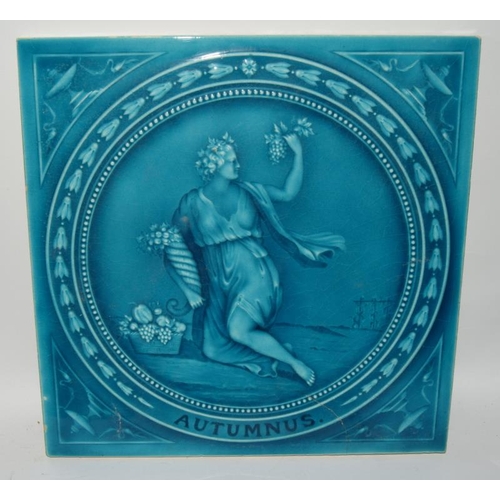 27 - Minton Hollins pair of large turquoise classical tiles Autumnus (repaired) & Hiems c1880s, together ... 