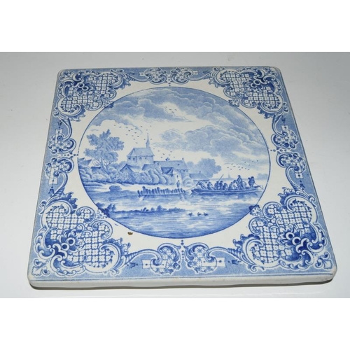 31 - Large Minton tile by A. W. N pugin, together with a large willow pattern tile, Swallow in flowers ti... 