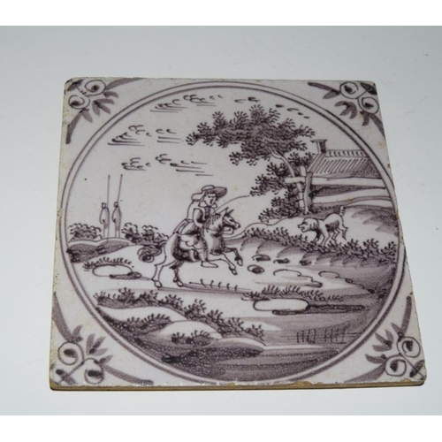39 - Dutch Delftware quantity of manganese glazed tiles depicting Swans, hunting scene, birds, circa 17th... 