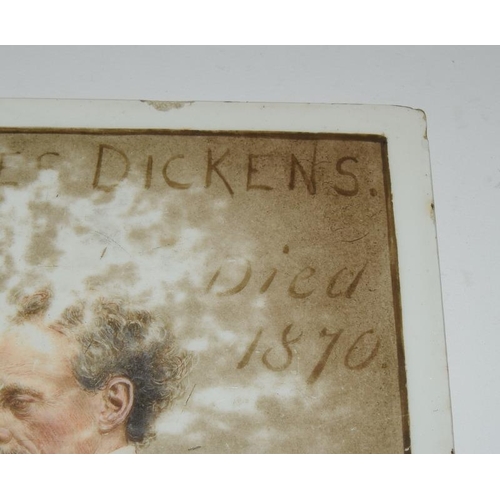46 - Minton Hollins blank handpainted overglaze depicting Charles Dickens possibly from the Fulham School... 