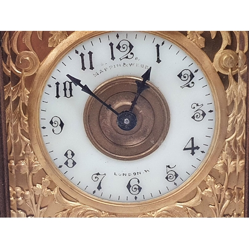 358 - Mappin & Webb brass carriage clock - gilt arabesque pierced dial/Arabic numbers and subsidiary dial ... 