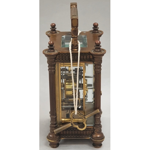 358 - Mappin & Webb brass carriage clock - gilt arabesque pierced dial/Arabic numbers and subsidiary dial ... 