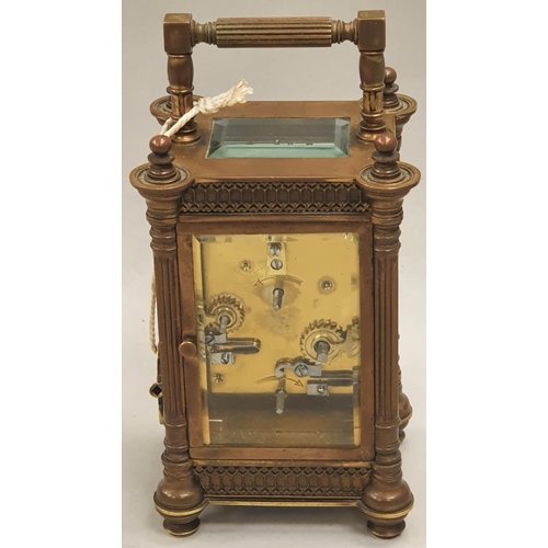 358 - Mappin & Webb brass carriage clock - gilt arabesque pierced dial/Arabic numbers and subsidiary dial ... 