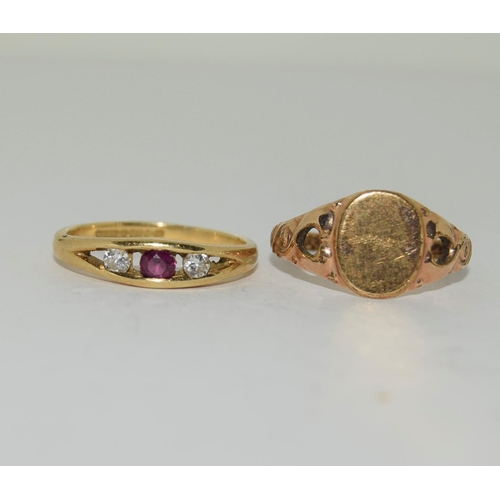 589 - 18ct Ruby and Diamond ring Together with a signet ring.