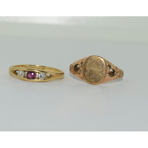 589 - 18ct Ruby and Diamond ring Together with a signet ring.