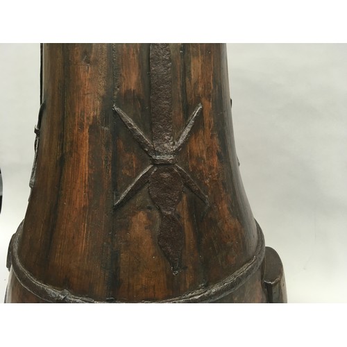 300 - Chinese hard wood brass bound barrel/rice carrier of baluster form with metal strap work decoration ... 