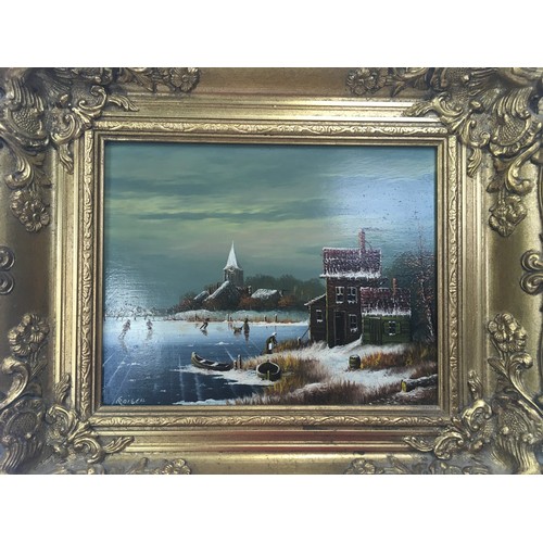 327 - Pair of gilt frame pair Dutch winter scenes signed 40x35cm