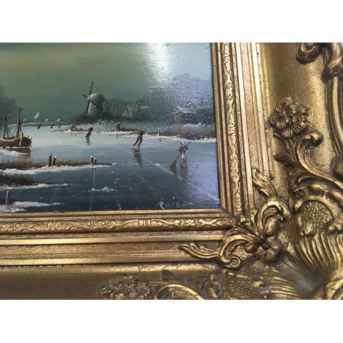 327 - Pair of gilt frame pair Dutch winter scenes signed 40x35cm