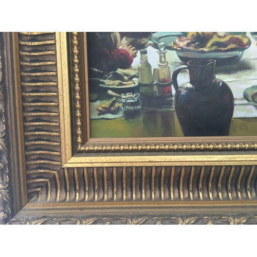 337 - Gilt frame picture depicting family farm house meal times 70x60cm