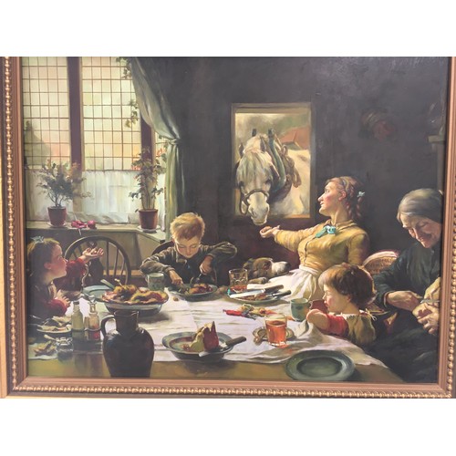 337 - Gilt frame picture depicting family farm house meal times 70x60cm