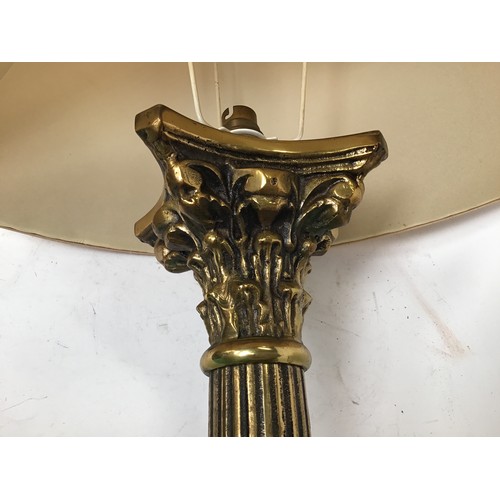 348 - Corinthian column brass table lamp with shade 103cm tall.