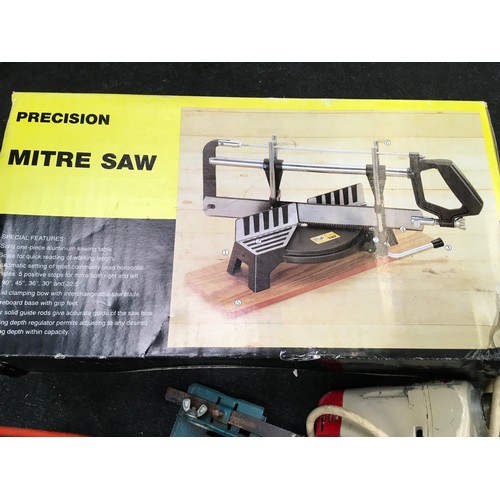 174 - Boxed Precision mitre saw together with a Black & Decker angle grinder, electric drill and wood/meta... 