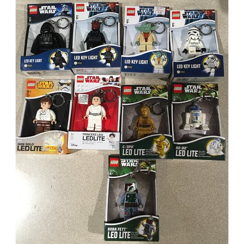 15 - 9 x Lego Star Wars LED Key Lites to include Darth Vader, Darth Maul, Yoda, Stormtrooper, Han Solo, P... 