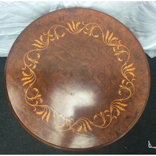 244 - Inlaid mahogany wine table on tripod base 64cm tall 48cm diameter.