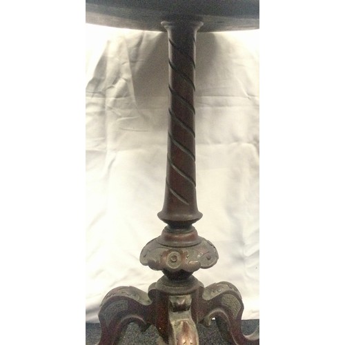 244 - Inlaid mahogany wine table on tripod base 64cm tall 48cm diameter.