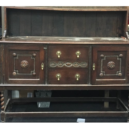 230 - Antique oak two part dresser on barley twist supports 201x151x48cm.