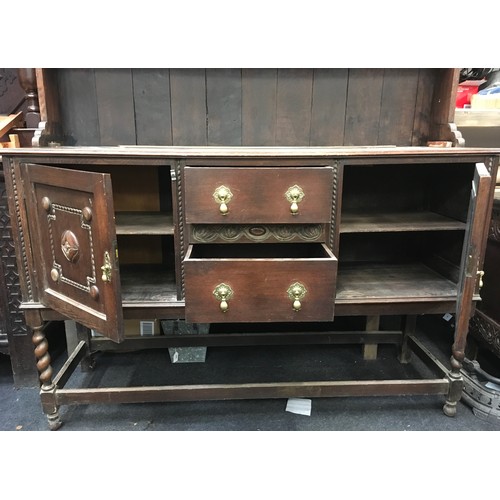 230 - Antique oak two part dresser on barley twist supports 201x151x48cm.