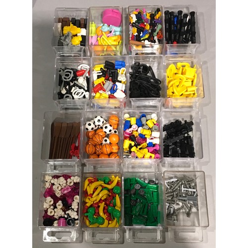 542 - A large quantity of various Lego accessories in three drawer cases to include food, balls, cameras, ... 