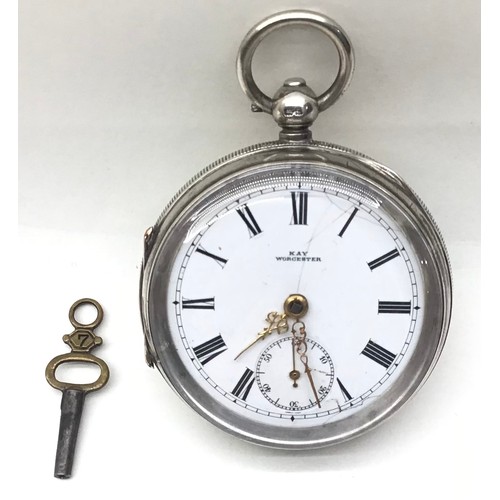 32 - Silver pocket watch by Kay Worcester complete with key.