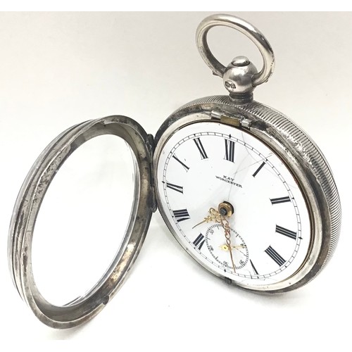32 - Silver pocket watch by Kay Worcester complete with key.