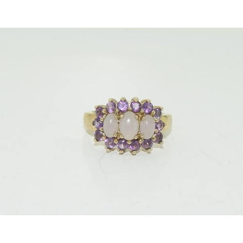 23 - 9ct gold ladies antique set opal and amethyst bar ring size L