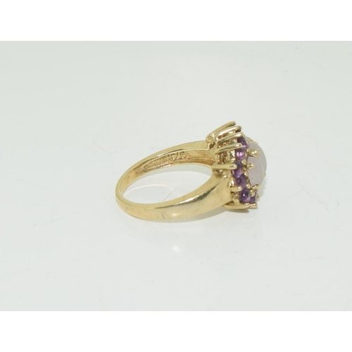 23 - 9ct gold ladies antique set opal and amethyst bar ring size L