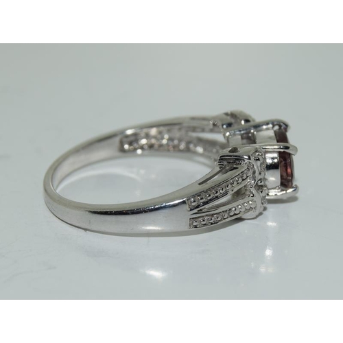 38 - 9ct white gold ladies diamond and amethyst ring size N