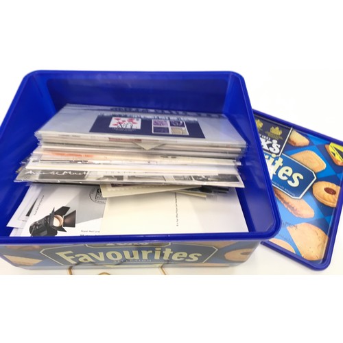 56 - large collection of first day covers, presentation packs and loose stamps in a biscuit box. Many use... 