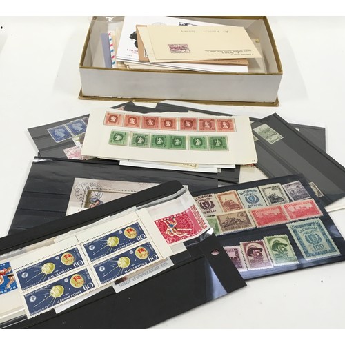 63 - box of covers and loose world stamps plus a small stockbook and 4 packets of stamp hinges