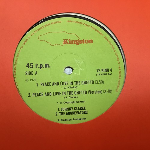 74 - JOHNNY CLARKE, THE AGGREVATORS: PEACE AND LOVE IN THE GHETTO (12-INCH). Found on the Kingston label ... 