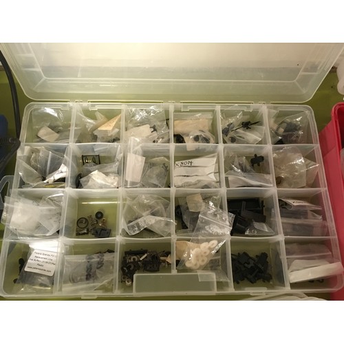 63 - 2 boxes of various model railway items to include various spares, soldering iron, paints, 6 piece pr... 