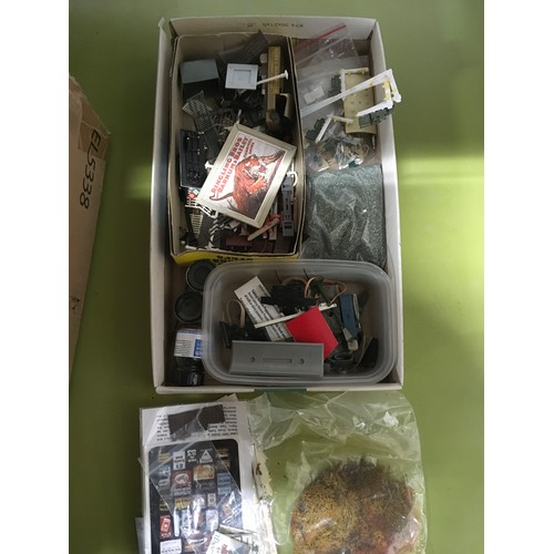 63 - 2 boxes of various model railway items to include various spares, soldering iron, paints, 6 piece pr... 