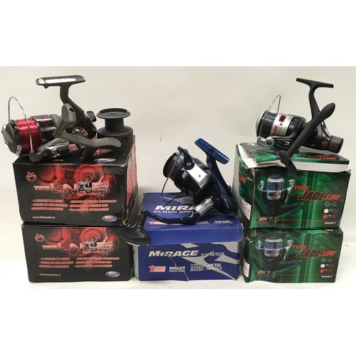 19a - Collection of 5 fixed spool fishing reels, all unused and in original boxes.