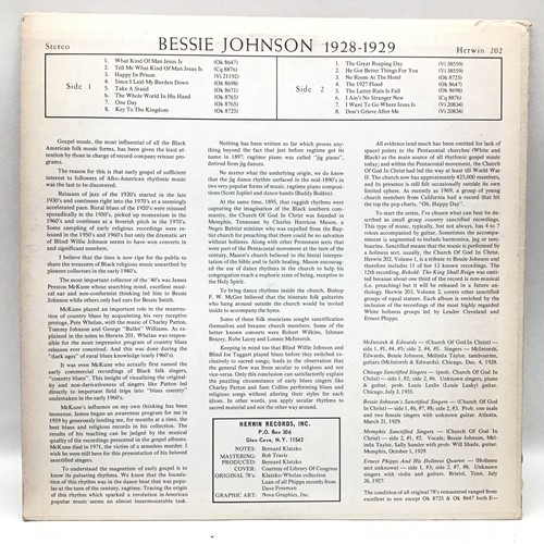 228 - BESSIE JOHNSON LP 1928-1929. Traditional folk gospel blues album here on Herwin Records No. 202. Thi... 