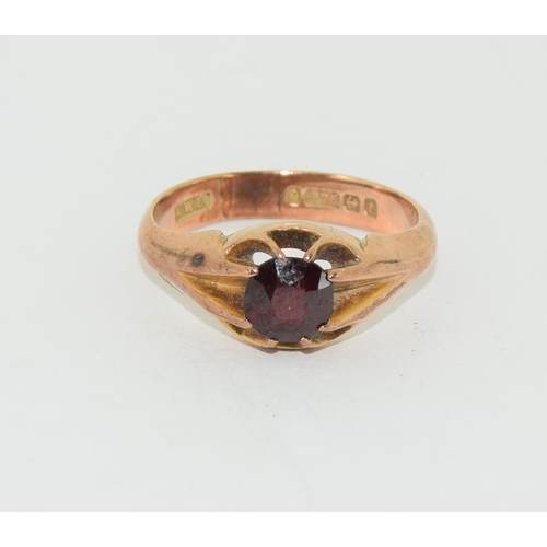 459 - 9ct gold gents antique set garnet solitaire signet ring size U 6gm