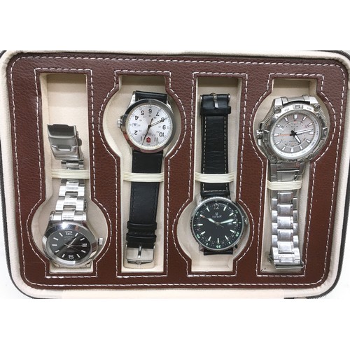 453 - Collection of gents watches presented in a quality leather watch box . Brands include Rotary, Timex ... 