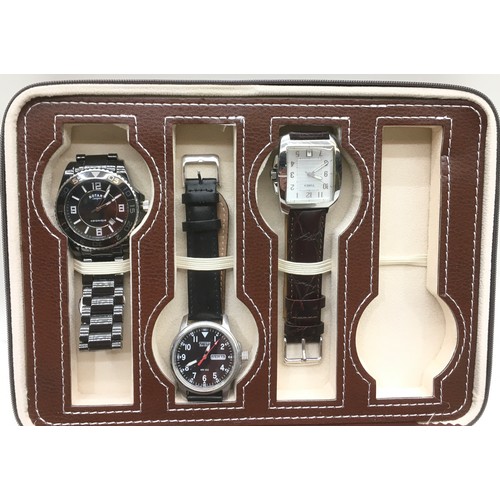 453 - Collection of gents watches presented in a quality leather watch box . Brands include Rotary, Timex ... 