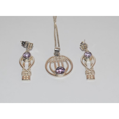 473 - Mackintosh Scottish Amethyst 925 silver boxed pendant and earrings.