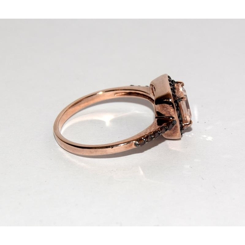 523 - Chocolate diamond rose quartz rosegold on 925 silver halo ring. Size Q.