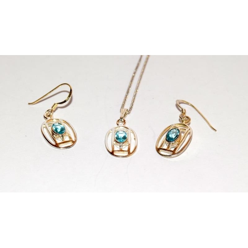 524 - Mackintosh Scottish blue Topaz 925 silver pendant and earrings.