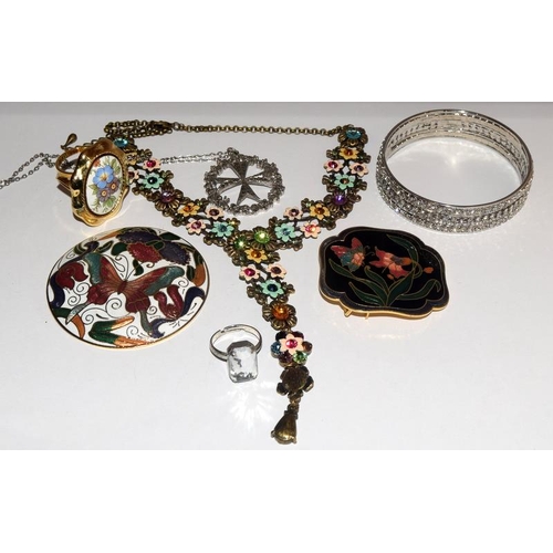 488 - Collection of vintage enameled buckles and costume jewellery.