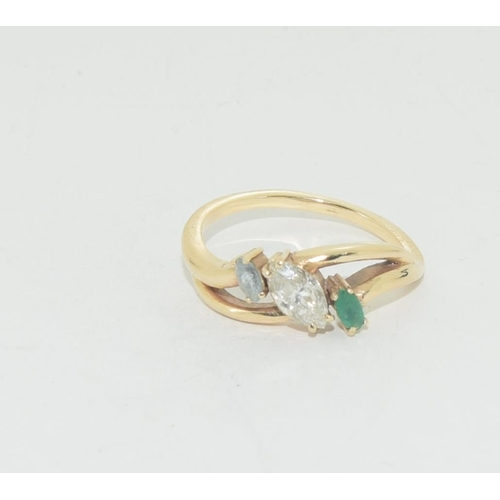 490 - Diamond/Aqua/Emerald set in gold ring Size Q