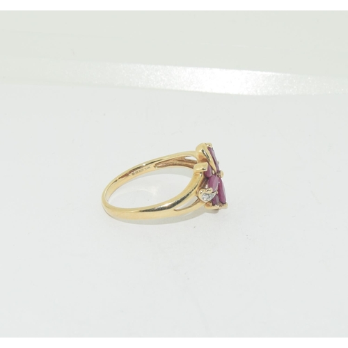 470 - Ruby/Diamond Flower style 9ct gold ring, Size T