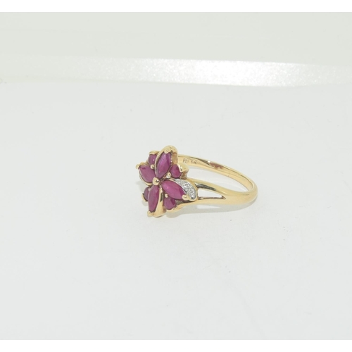 470 - Ruby/Diamond Flower style 9ct gold ring, Size T