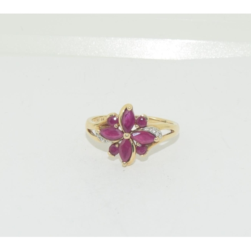 470 - Ruby/Diamond Flower style 9ct gold ring, Size T