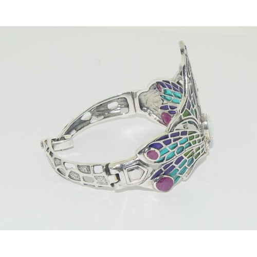 390 - Silver art nouveau style cuff bangle with opal and ruby panel