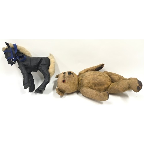 165 - Vintage teddy bear together with leather horse and two vintage dolls to include Rosebud.