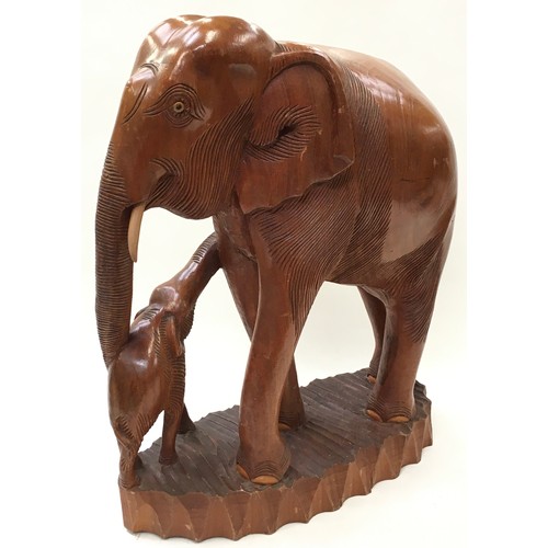 58 - Very large wood carving of an elephant and calf standing approx 21