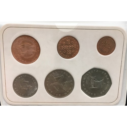 153 - Isle of Man £1 coin set comprising Silver proof, proof and BU coins. Lot also includes other Isle of... 